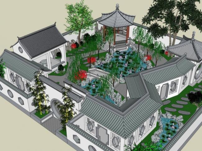 sketchup景观模型中式园林中式江南园林园林景观中式风格