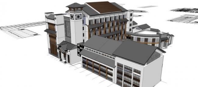 sketchup办公模型多层办公楼群中式风格