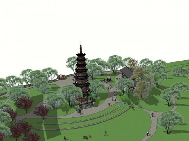 sketchup景观模型塔楼广场景观中式风格