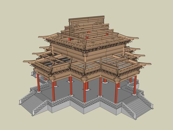 sketchup古建筑模型|多层承光殿梁架构,中式风格 ,古建